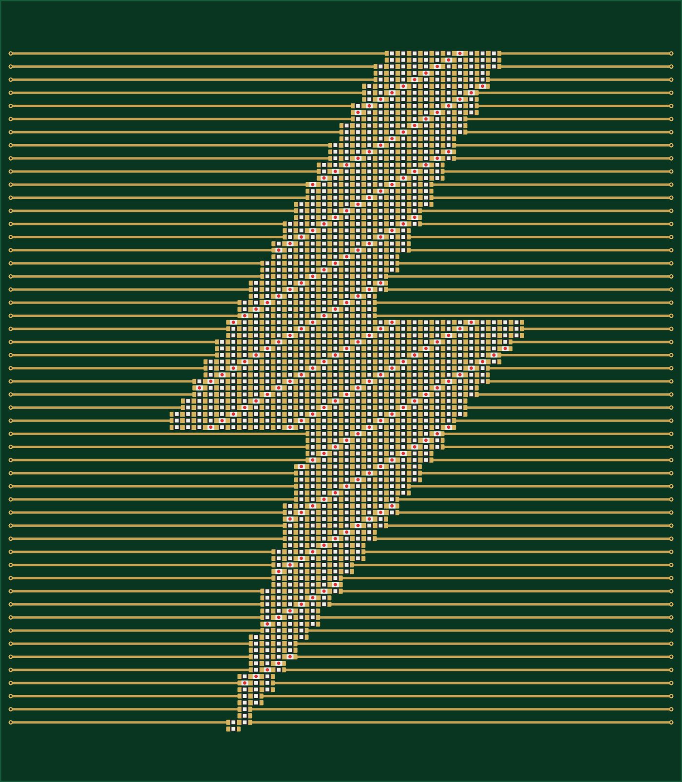 A lightning bolt rendered as 1,189 real 0603 components on a green PCB, with traces fanning in from both board edges